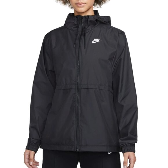 New Women Nike Sportswear Windbreaker Jacket Large Essential Repel Hooded Black - Picture 1 of 7